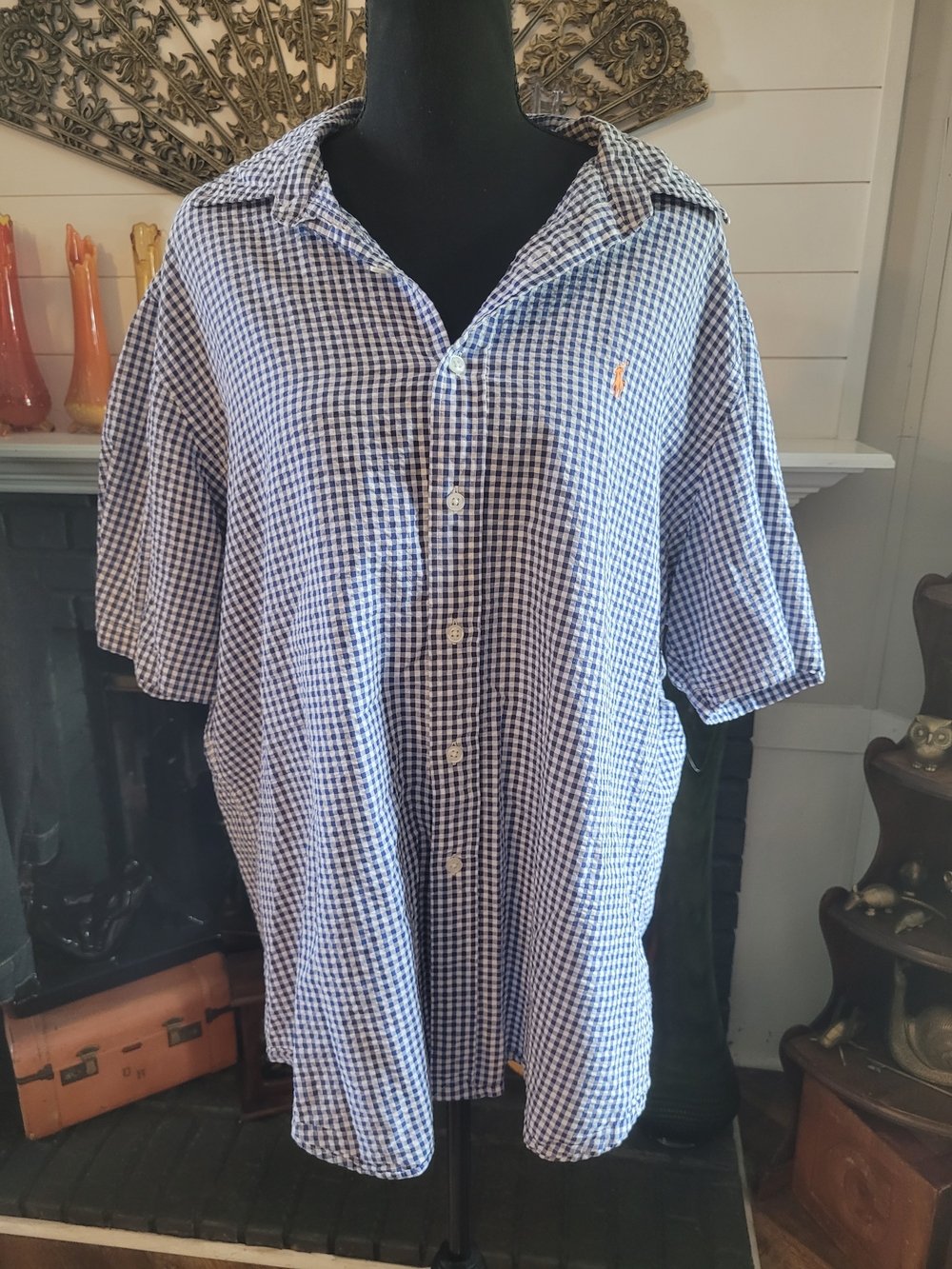 Ralph Lauren Blue and White Gingham Short Sleeve Button-Down Shirt